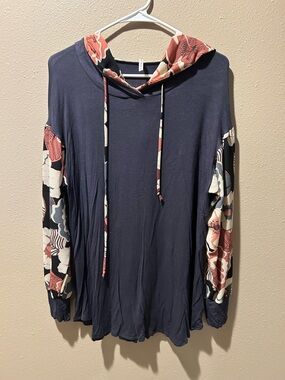 Women's Smokey Grey Hoodie Top with Floral Print Sleeves